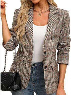 ELLEVEN Women's Lapel Collar Plaid 2 Button Boyfriend Blazer NWT